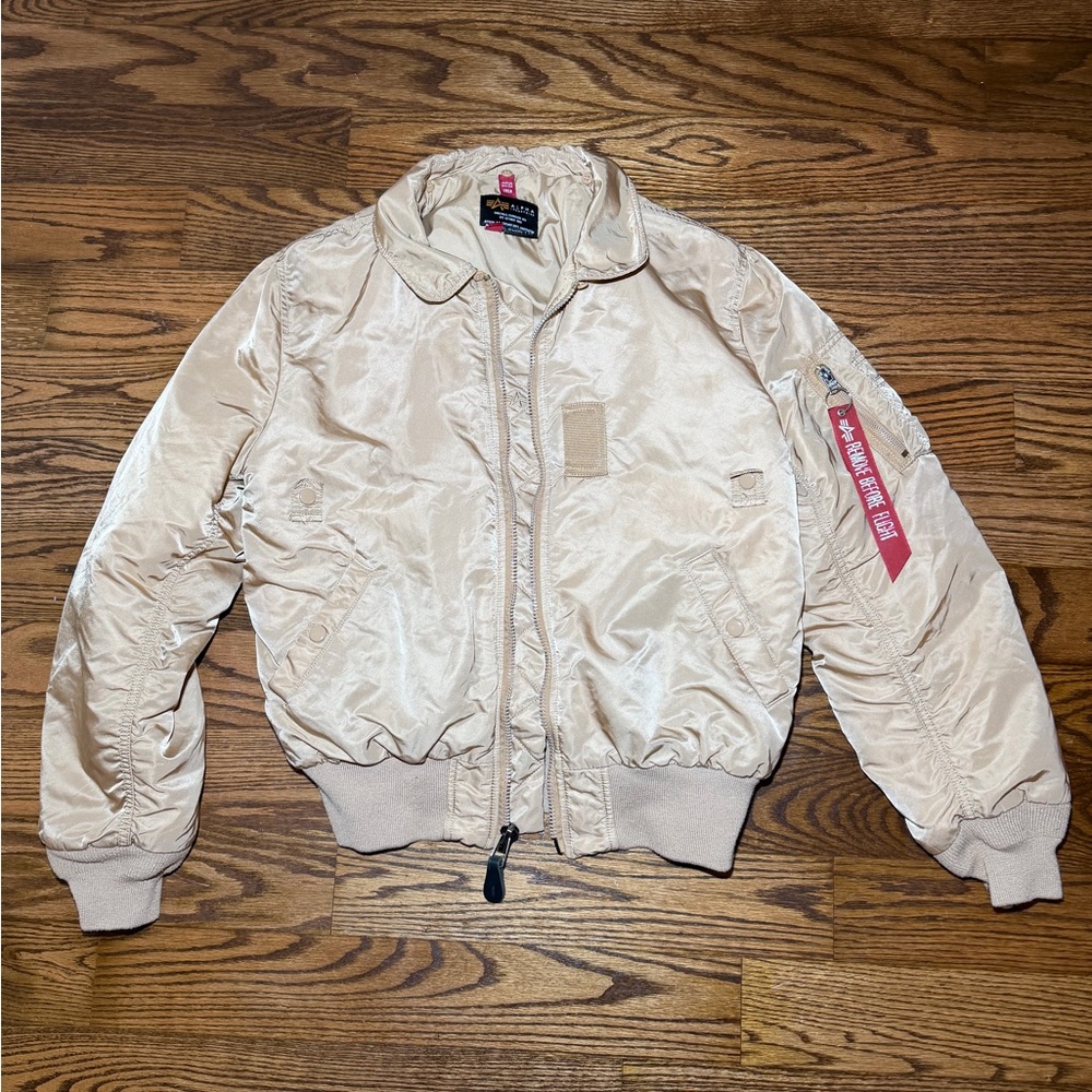 Alpha Industries Light Tan Bomber Jacket with Red Accent Sz L/G